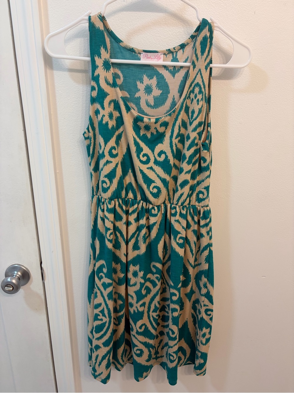 Pink Lily Teal and Cream Ikat Tank Mini Dress